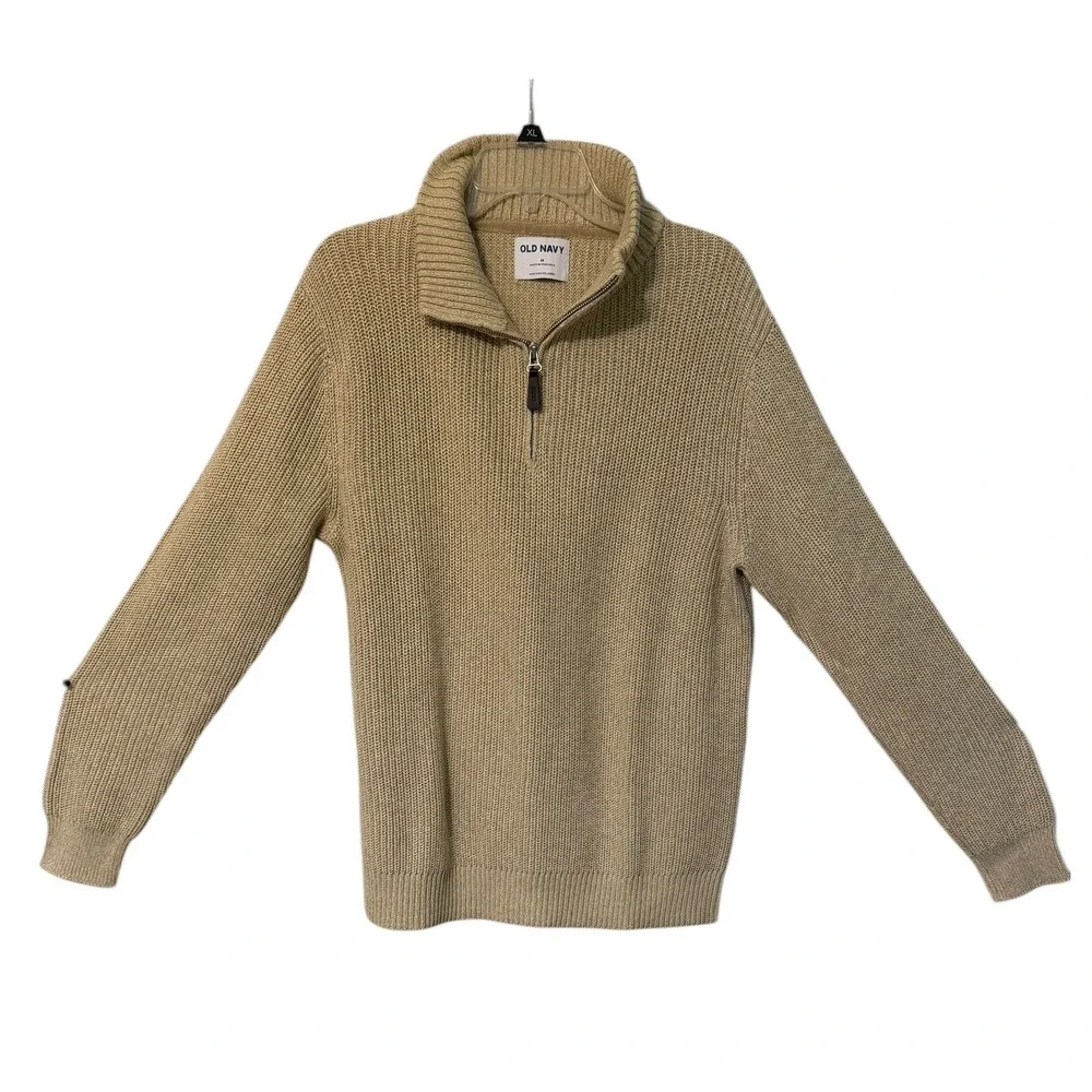 Old Navy Quarter Zip Sweater Mens Medium Tan Ribbed Cotton Pullover Grandpa Core